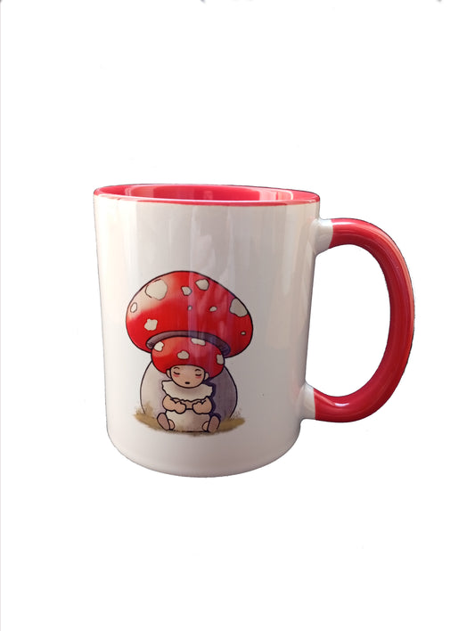 White and red mug with cute cartoon mushroom character illustration