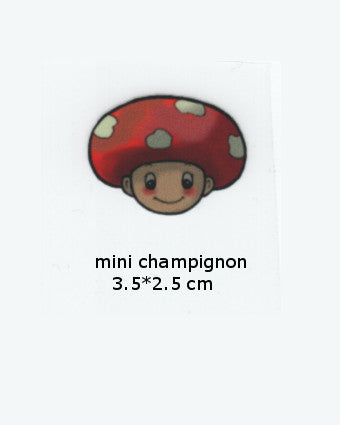 Cute mini mushroom patch with red cap and white spots, labeled 'mini champignon'