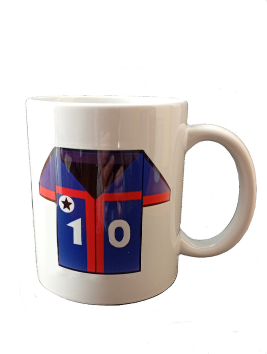 White ceramic mug with blue and red football jersey design and number 10 print