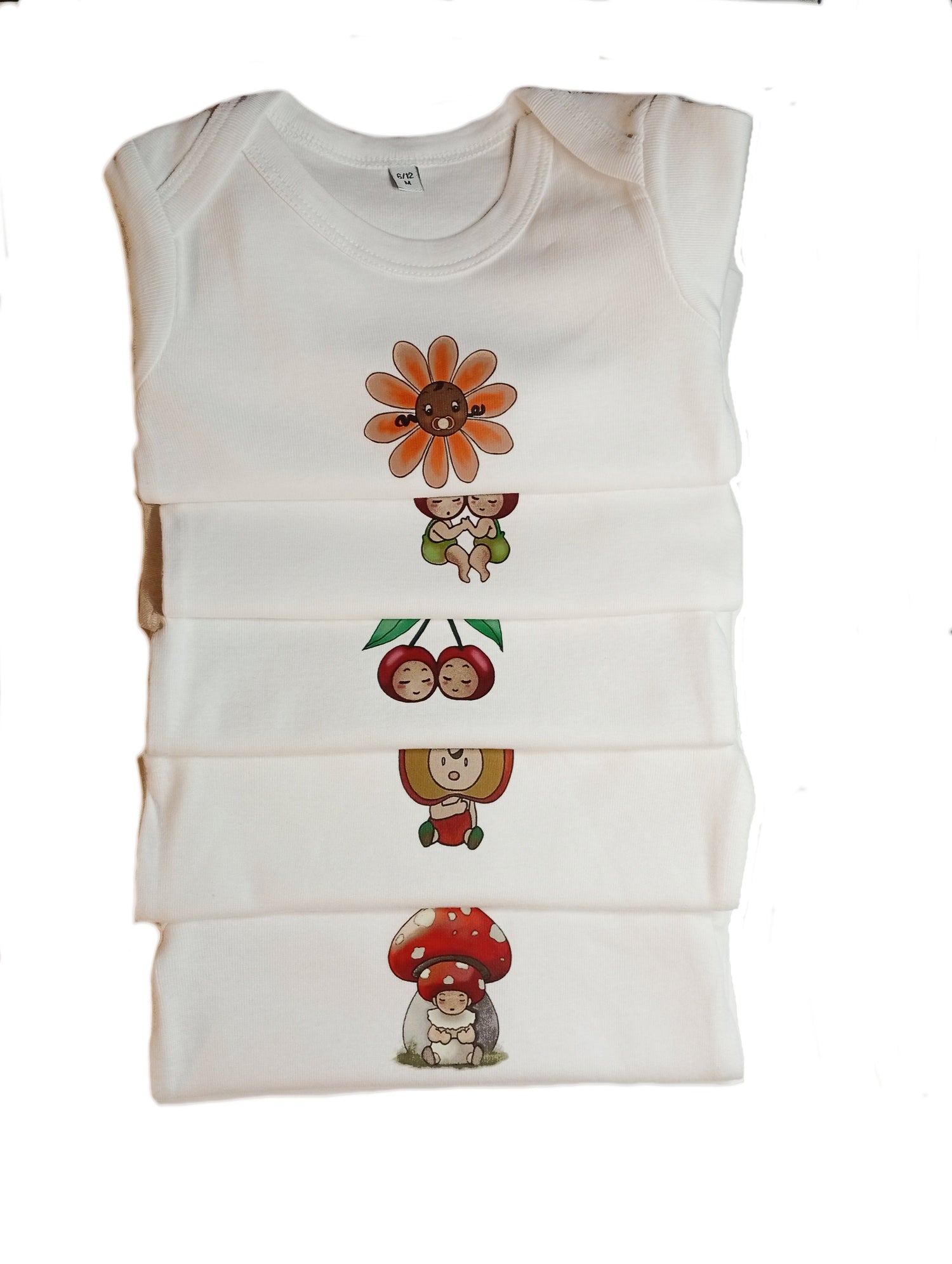 Stacked white baby bodysuits with cute cartoon flower, cherry, fruit, and mushroom prints
