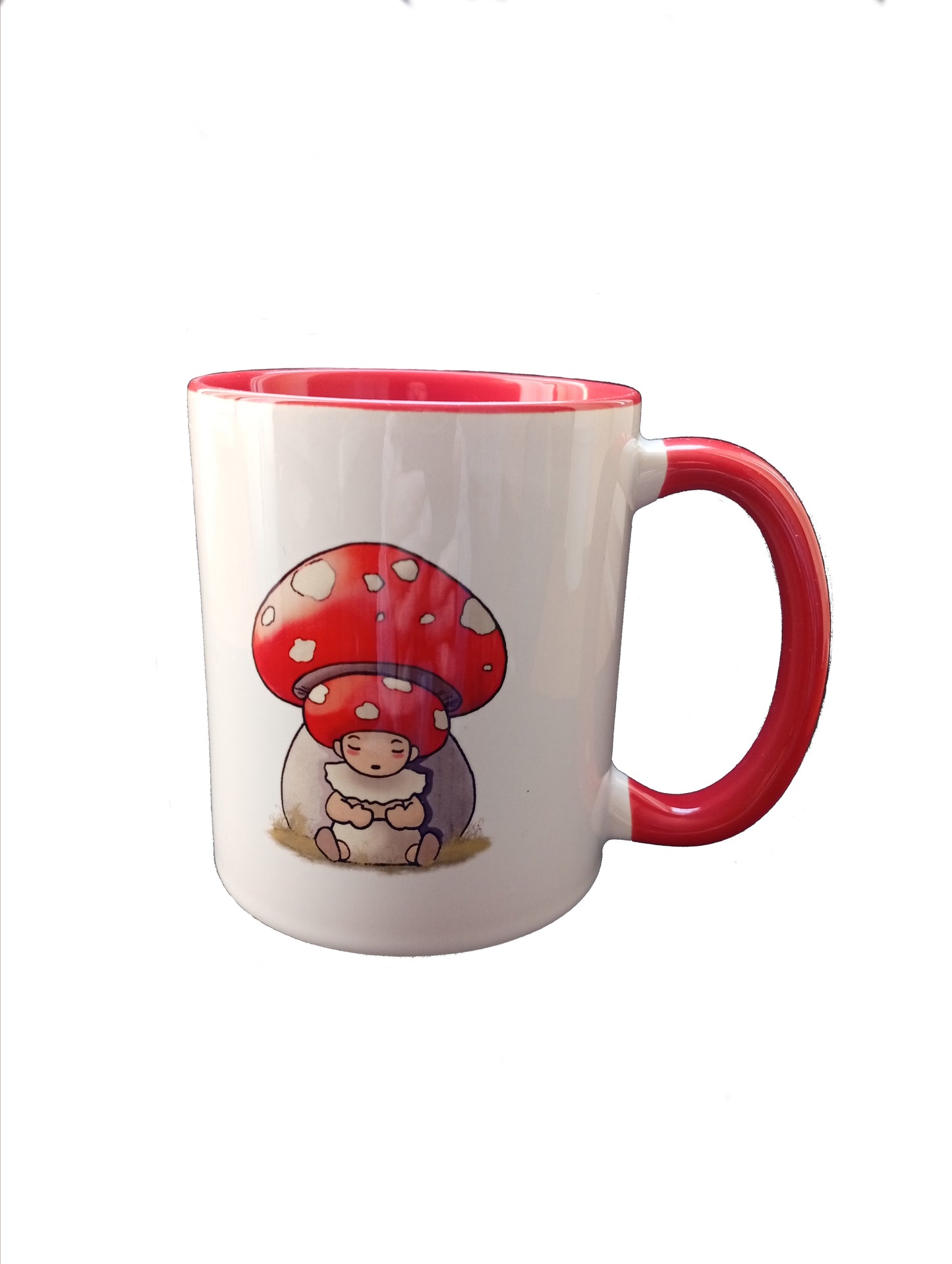 White and red mug with cute cartoon mushroom character illustration