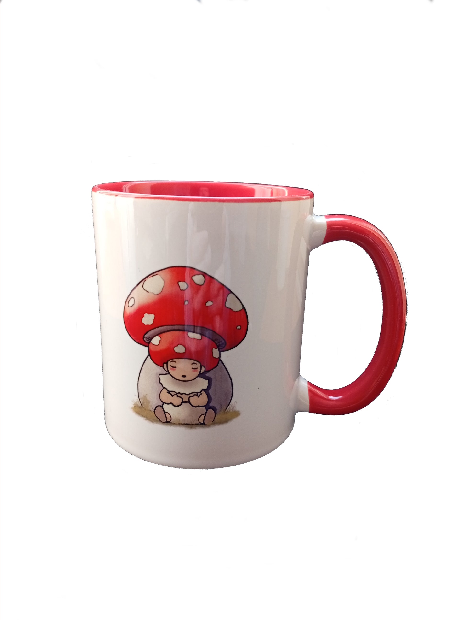 White and red mug with cute cartoon mushroom character illustration