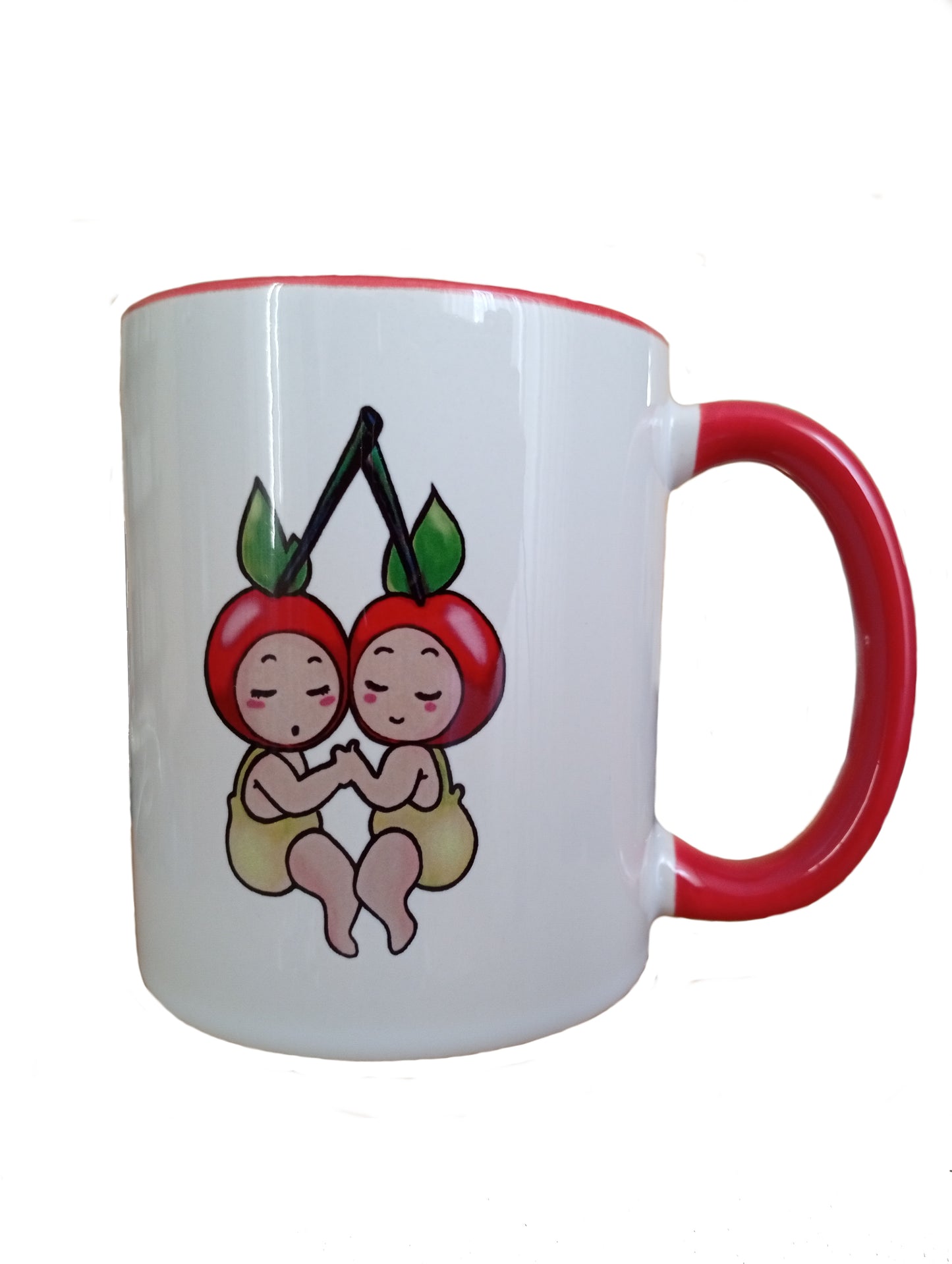 White mug with red handle featuring cute cherry baby twins illustration