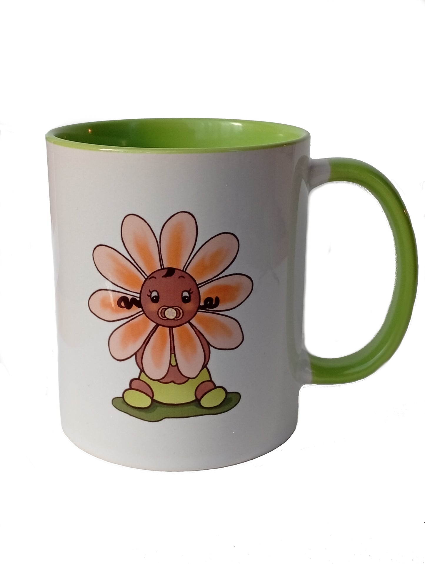 White and green mug with cute baby flower cartoon character illustration