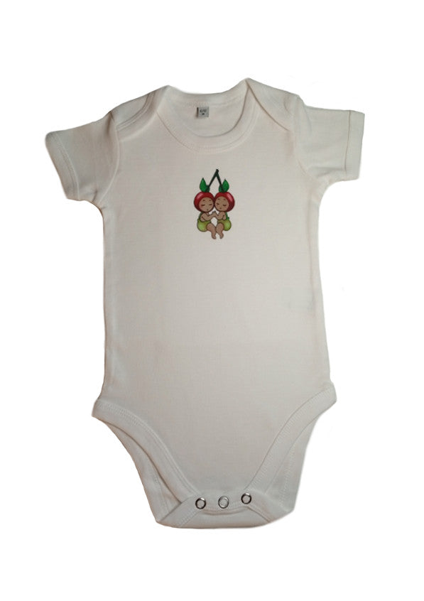 White baby onesie with cherry twins cartoon print on chest, short sleeves, snap closure