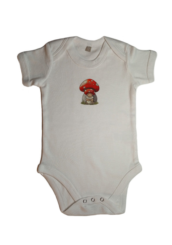 White baby onesie with a cute mushroom and baby graphic on the front