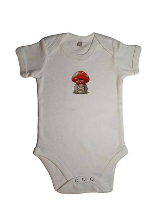 White baby onesie with a cute mushroom and baby graphic on the front