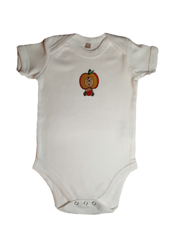 White baby bodysuit with cute apple cartoon print, short sleeves, and snap buttons