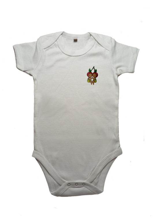 White baby bodysuit with small cherry cartoon embroidery on chest