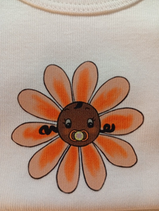 Cute daisy logo with baby face and pacifier on white fabric background