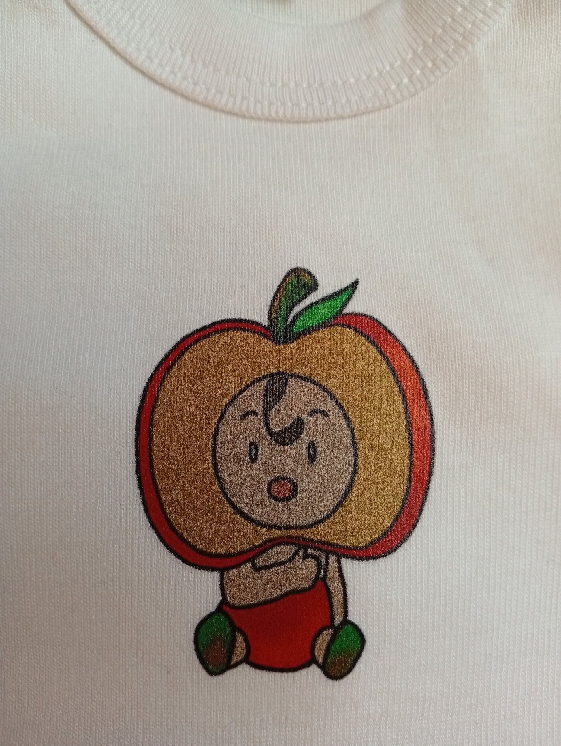 Cute cartoon baby in apple costume on white fabric, Bebepomme logo design