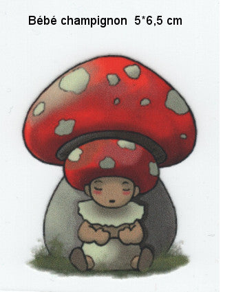 Cute cartoon baby with red mushroom hat sitting in front of a large spotted mushroom, motif.