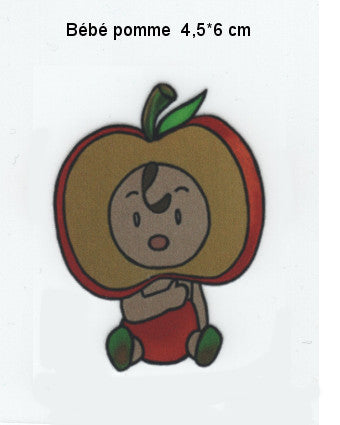 Cute baby cartoon with apple costume, sitting, 4.5x6 cm, white background