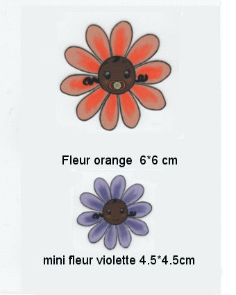 Cartoon orange and violet flower motifs with baby faces, labeled sizes 6x6cm and 4.5x4.5cm