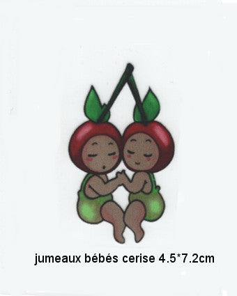 Illustration of twin cherry babies holding hands, text 'jumeaux bébés cerise 4.5*7.2cm' below