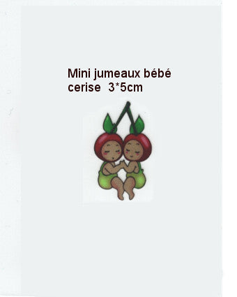 Cherry twins motif, mini baby illustration with cherry heads, 3x5cm on white background