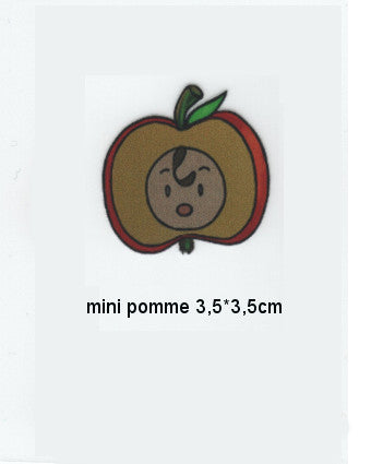 Mini apple motif patch with cartoon face, green leaf, labeled mini pomme 3.5x3.5cm