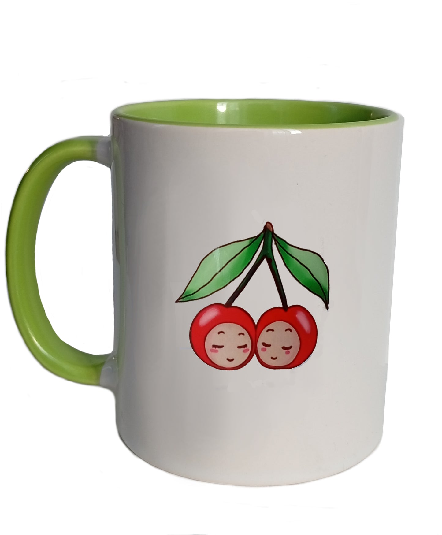 White ceramic mug with green interior and handle, cherry illustration on front