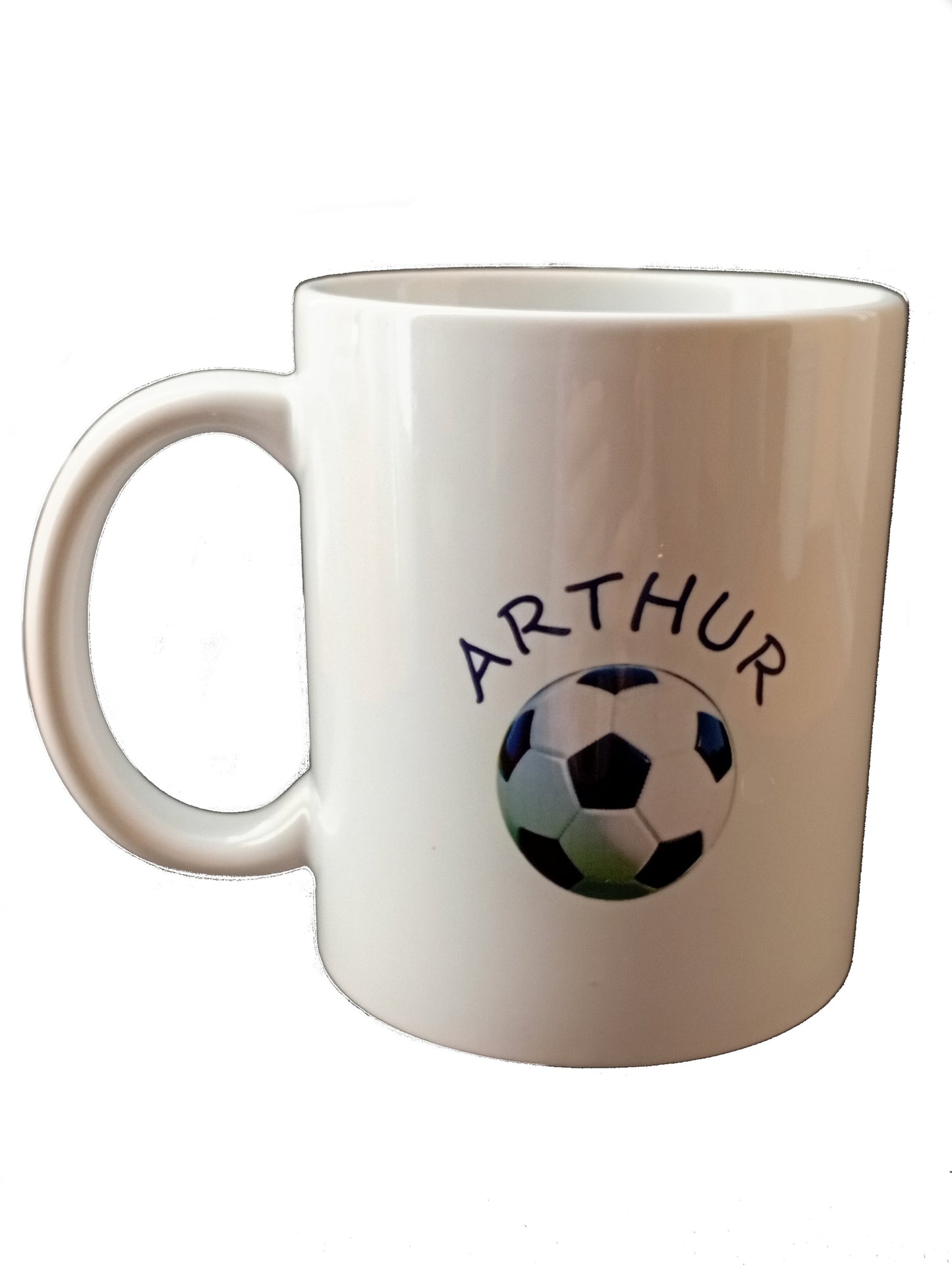 White personalized mug with soccer ball and 'ARTHUR' text on front