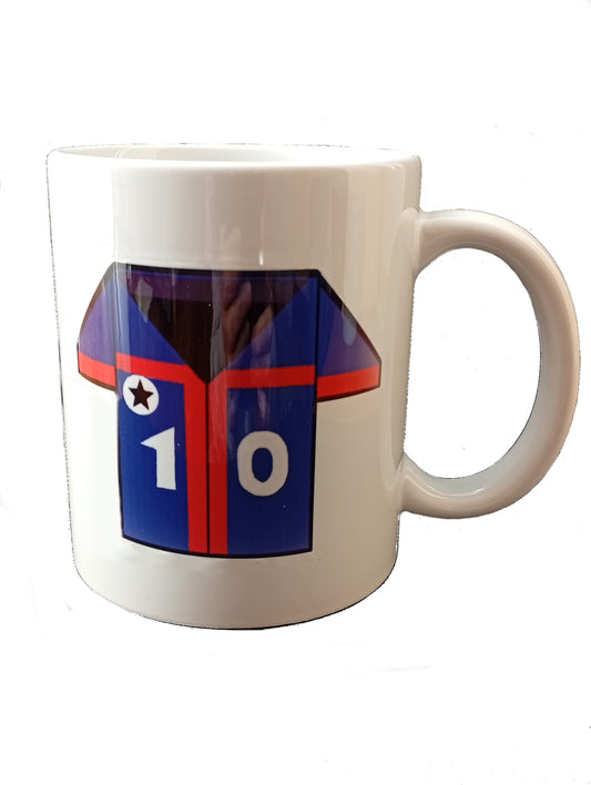 White ceramic mug with blue and red soccer jersey number 10 graphic