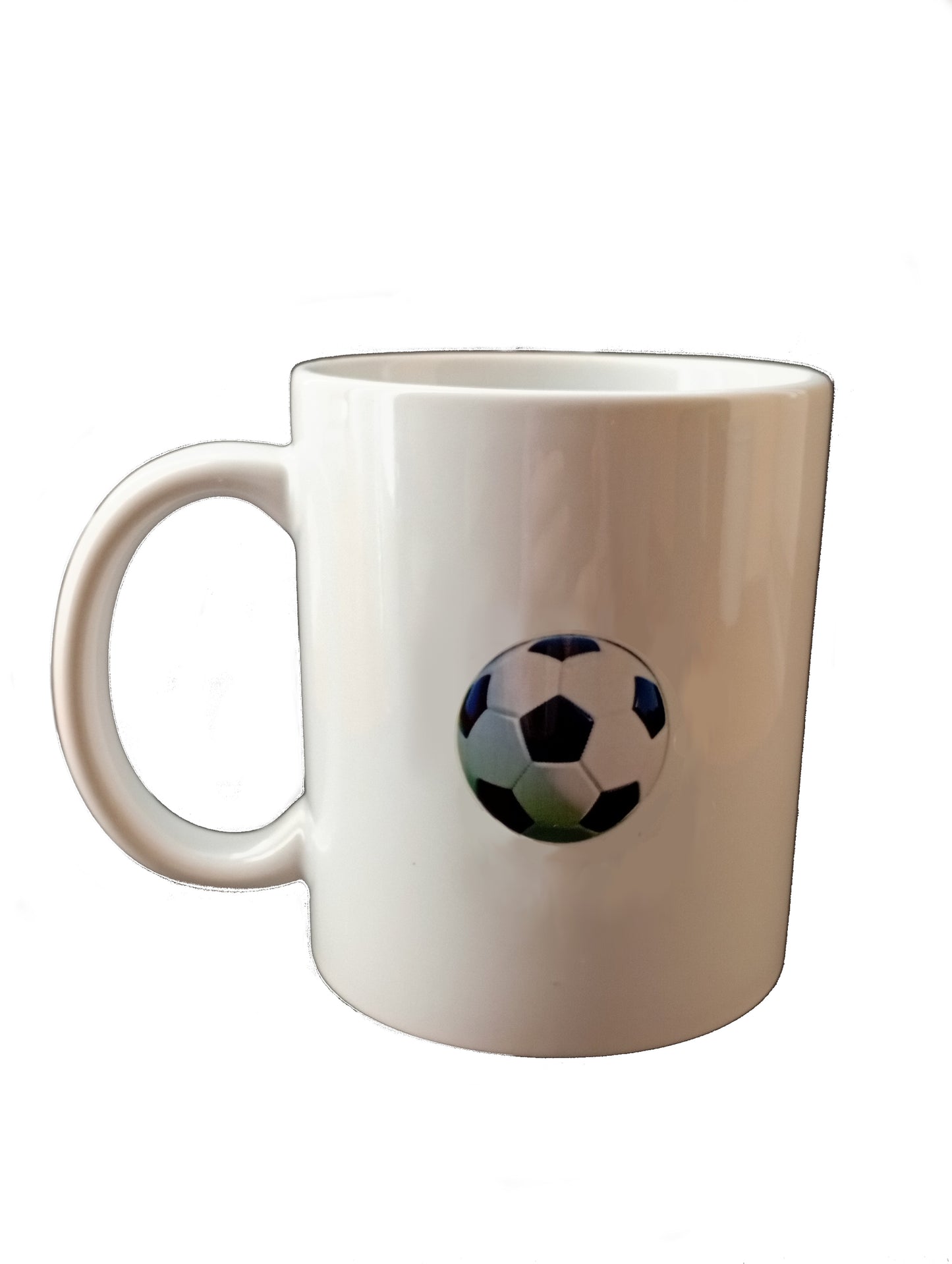 white ceramic mug with soccer ball graphic on white background