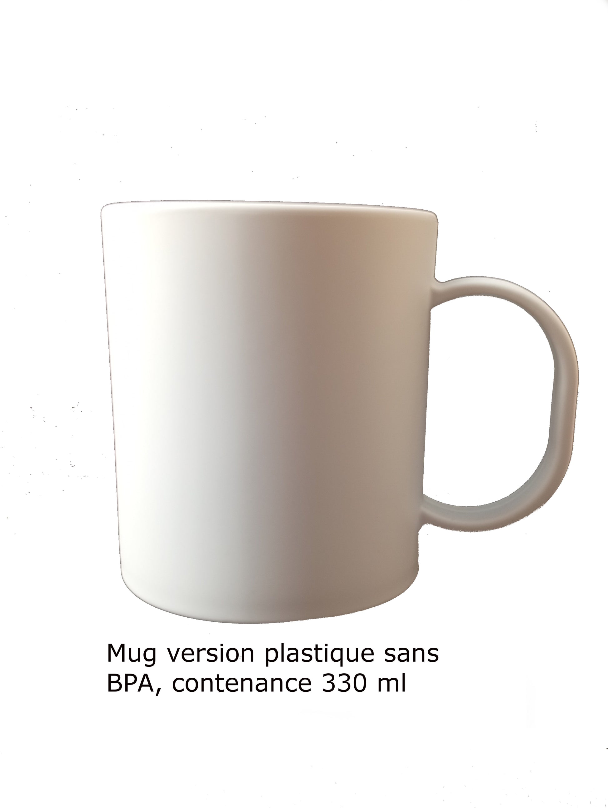 White blank BPA-free plastic mug, 330 ml capacity, on white background