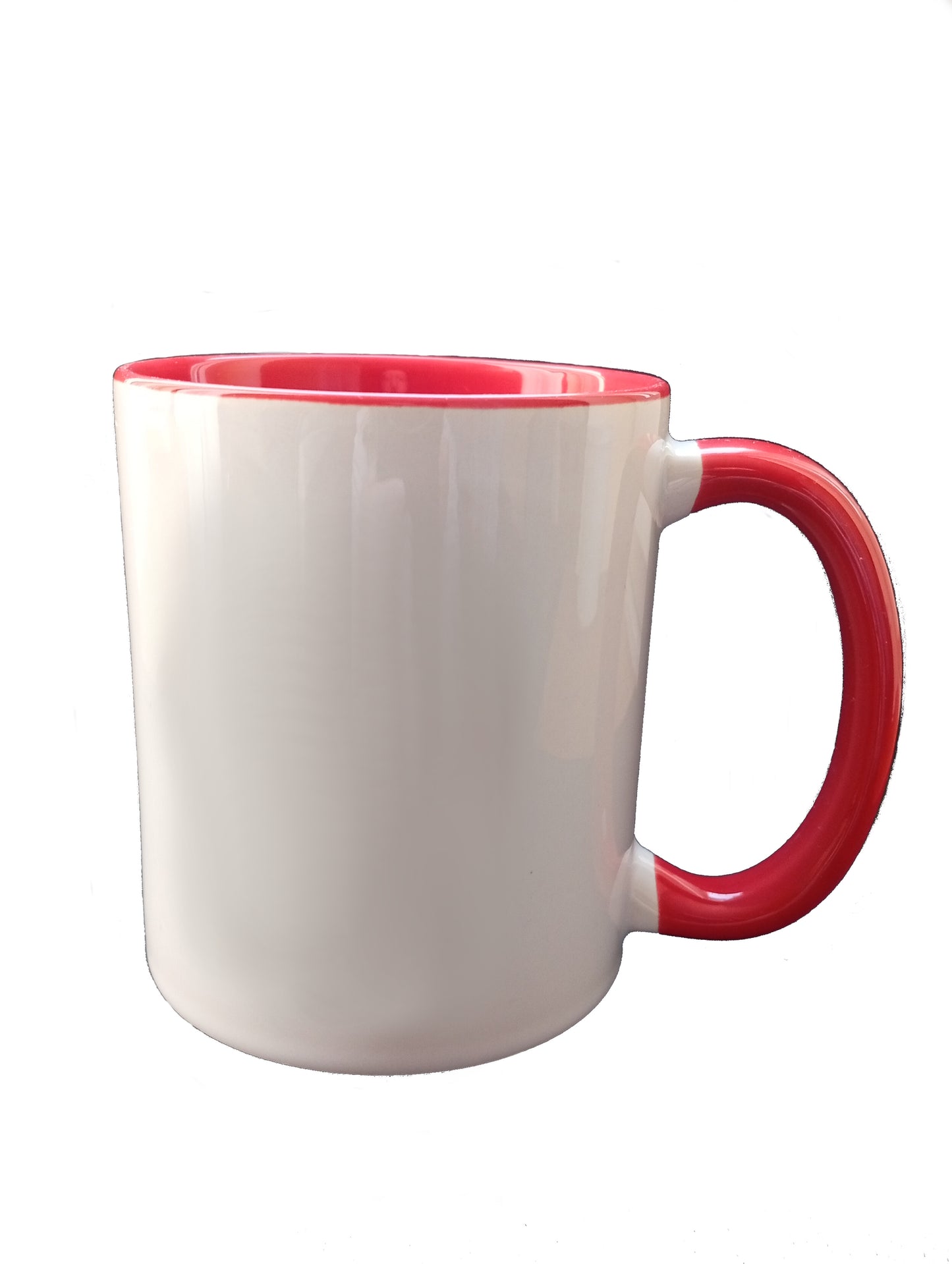 White ceramic mug with red interior and handle, isolated on white background