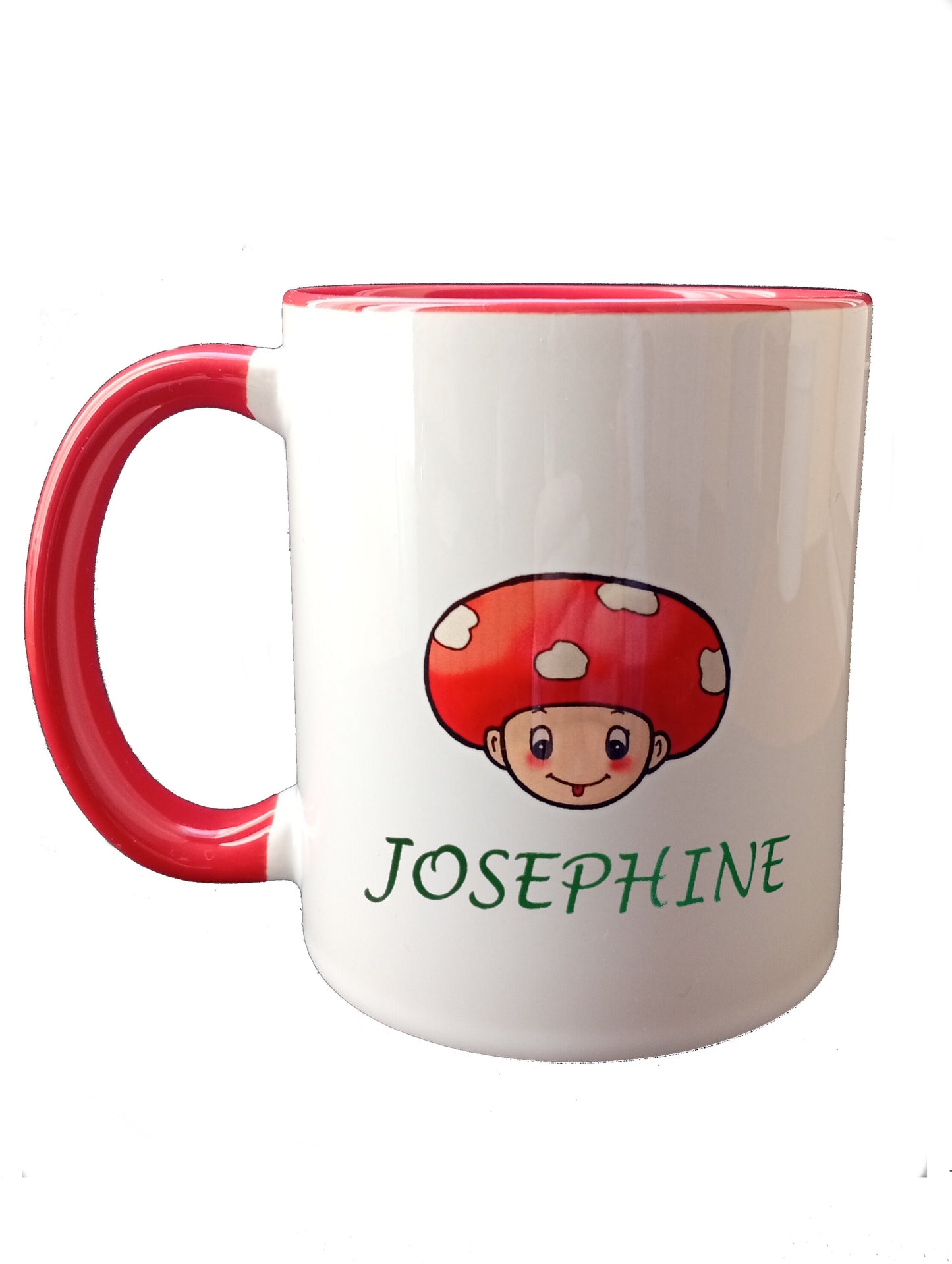 Personalized white mug with red handle, cartoon mushroom character, and 'JOSEPHINE' text