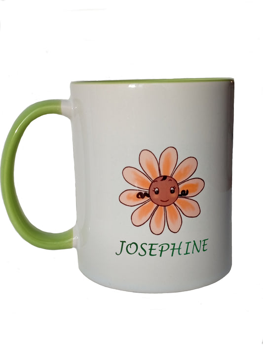 Personalized mug with cute smiling flower and name Josephine, green handle and rim